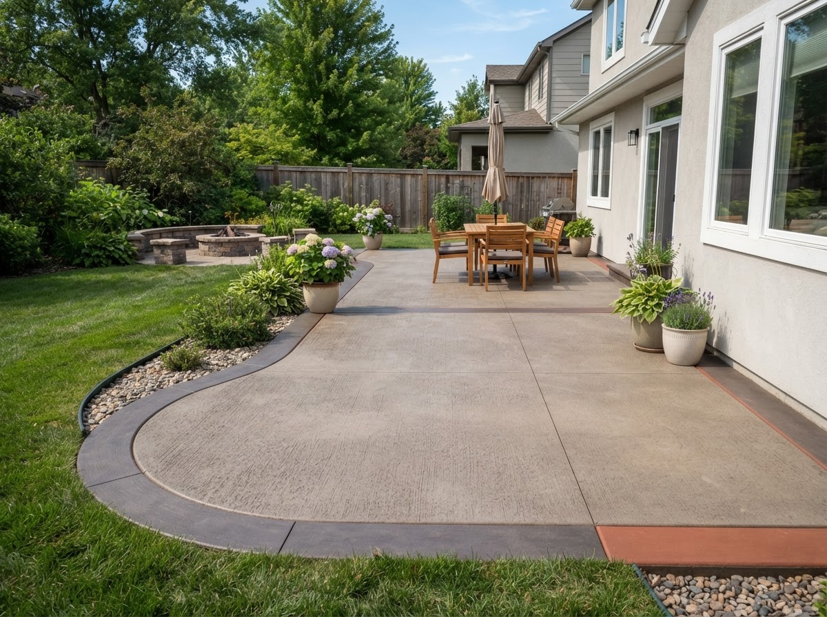 Decorative concrete patio with colored border detail and broom-finished surface