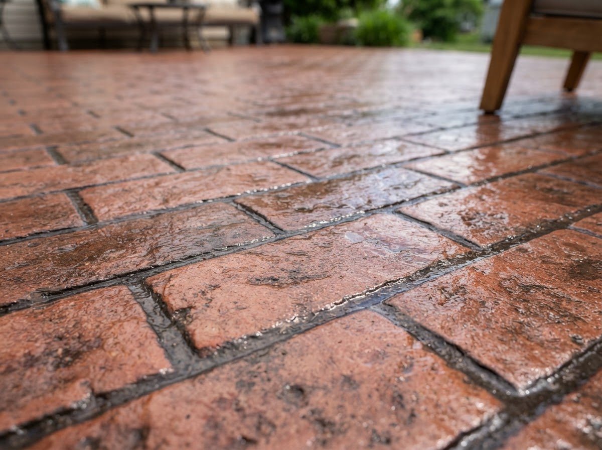 Finished decorative concrete patio surface with brick-pattern stamp in reddish-brown