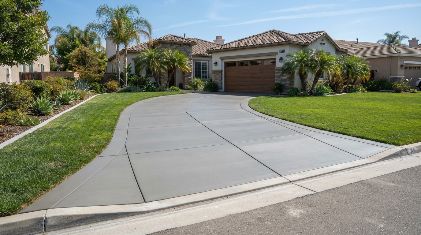 Newly poured residential concrete driveway with smooth light gray finish and saw-cut joints