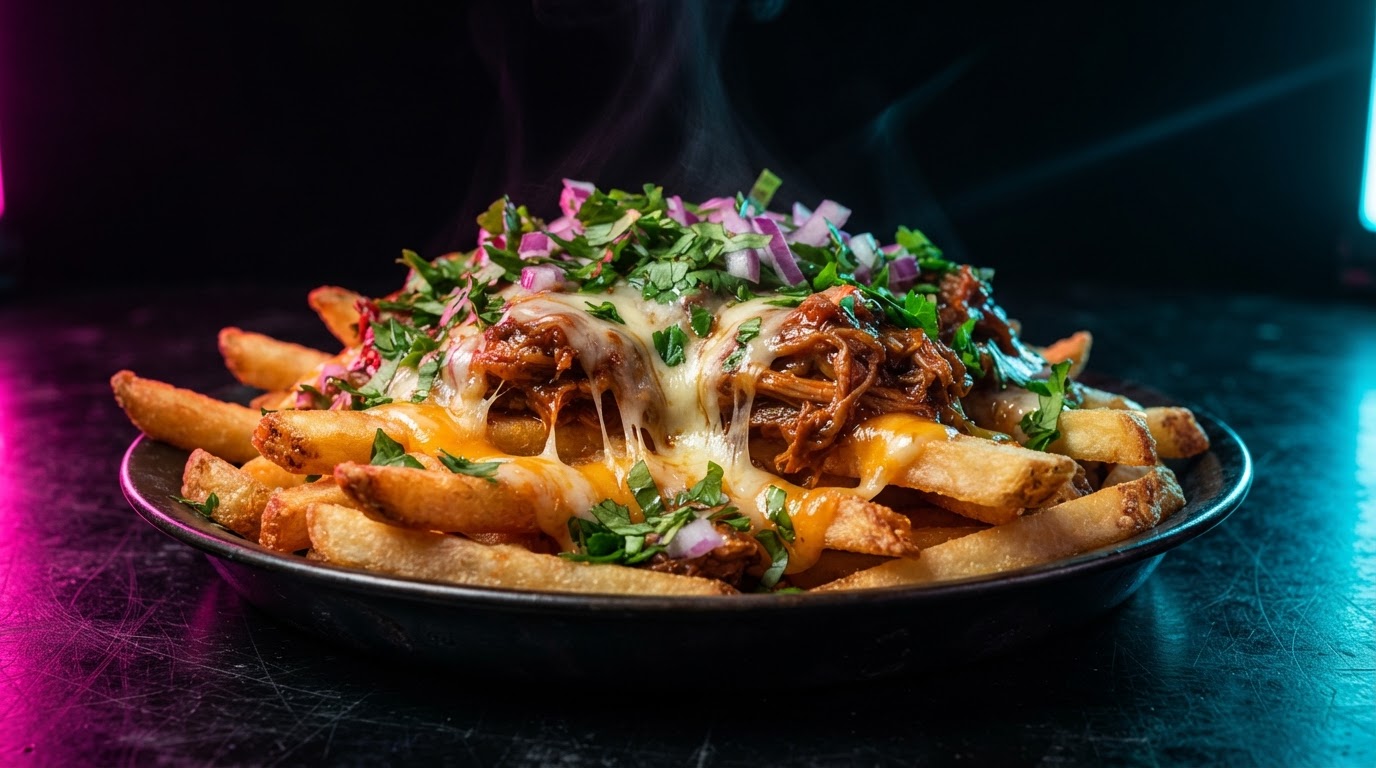 Loaded street food close-up