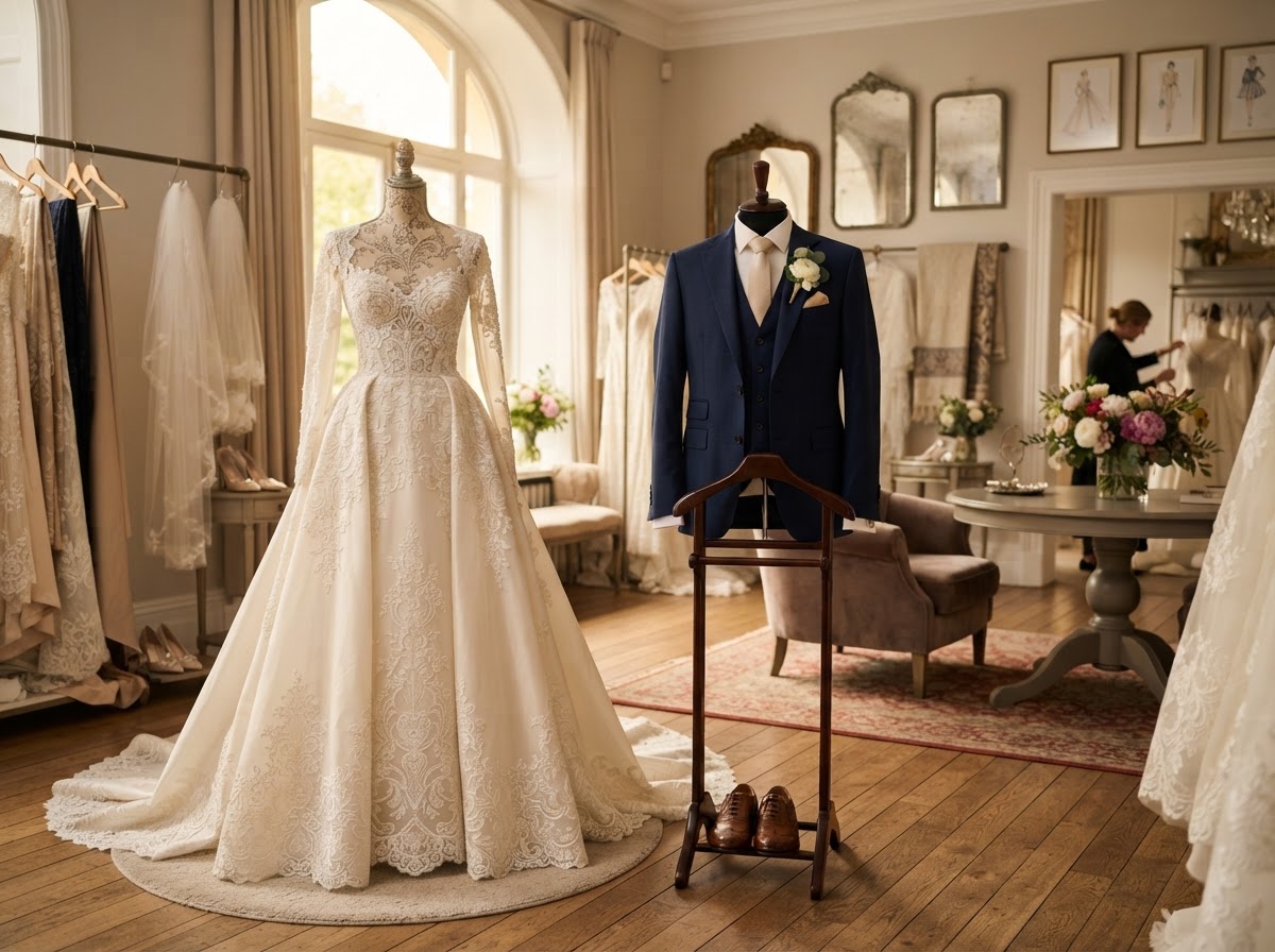 Robe de mariée d'exception présentée sur stand