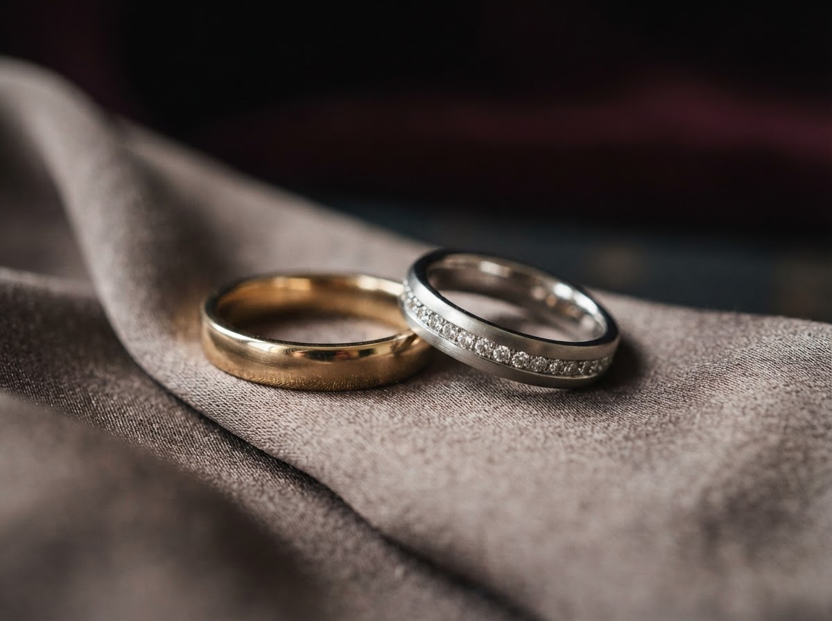 Alliances de mariage en or et platine sur soie