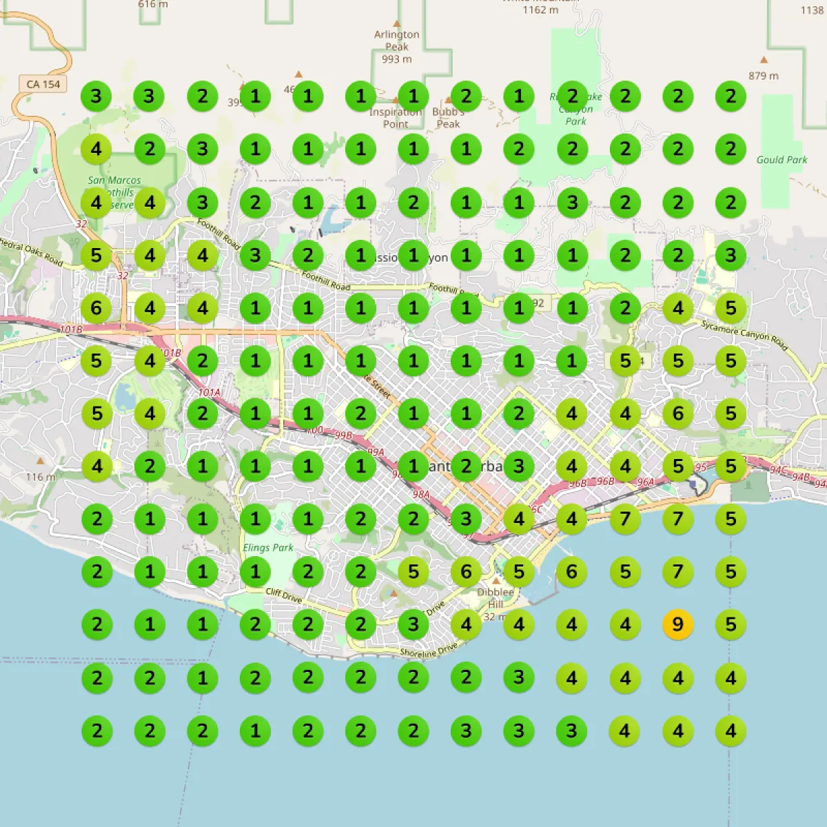 Mapa de posicionamiento local Después con allthewayup: primeros puestos verdes en toda la zona