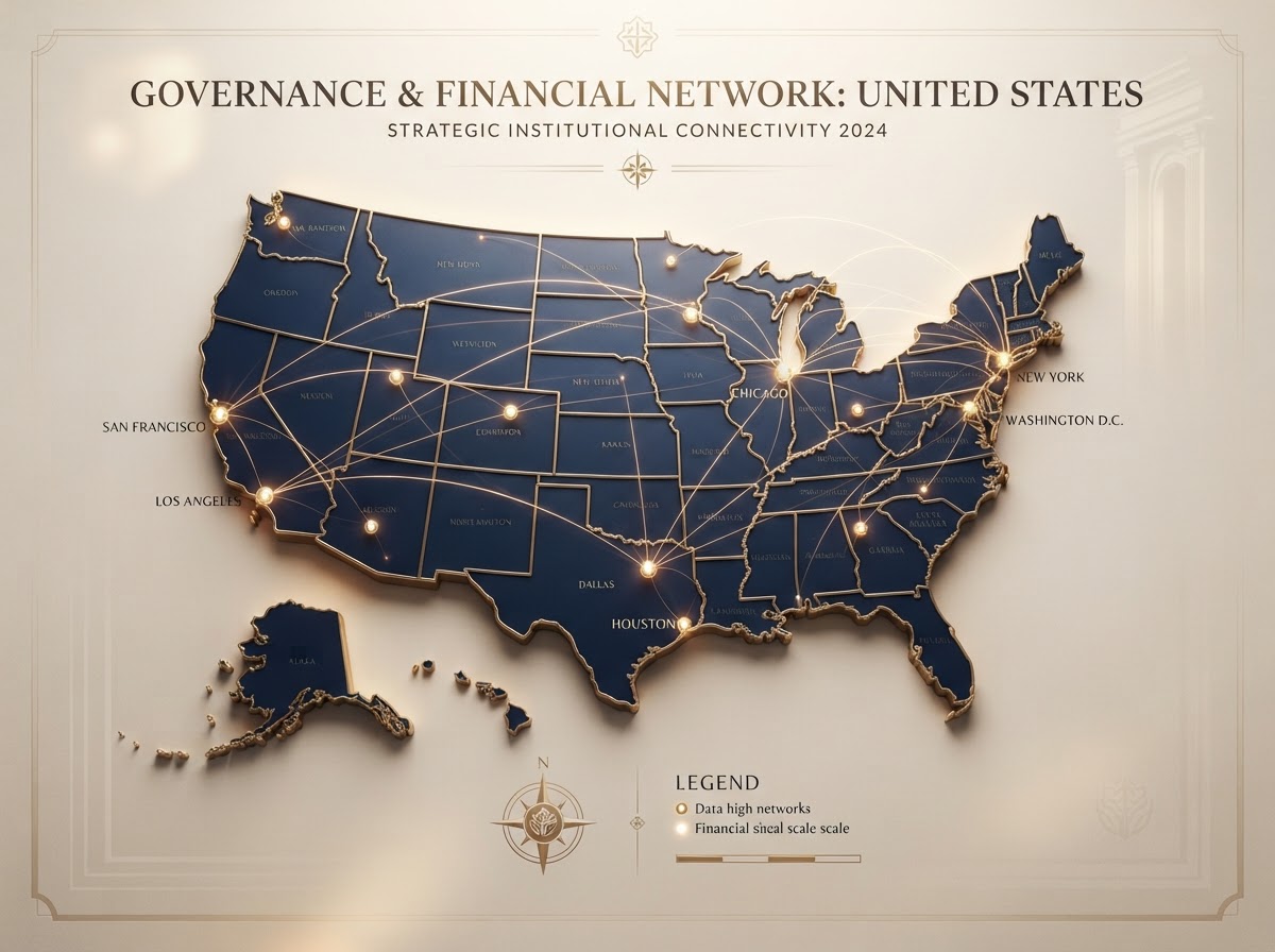 Stylized institutional map of the United States representing nationwide legal coverage for credit unions