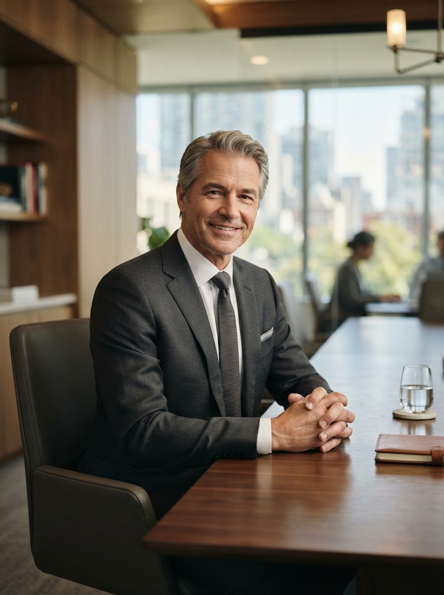 Eric Levine, a professional man in his 50s in a navy suit in a modern office