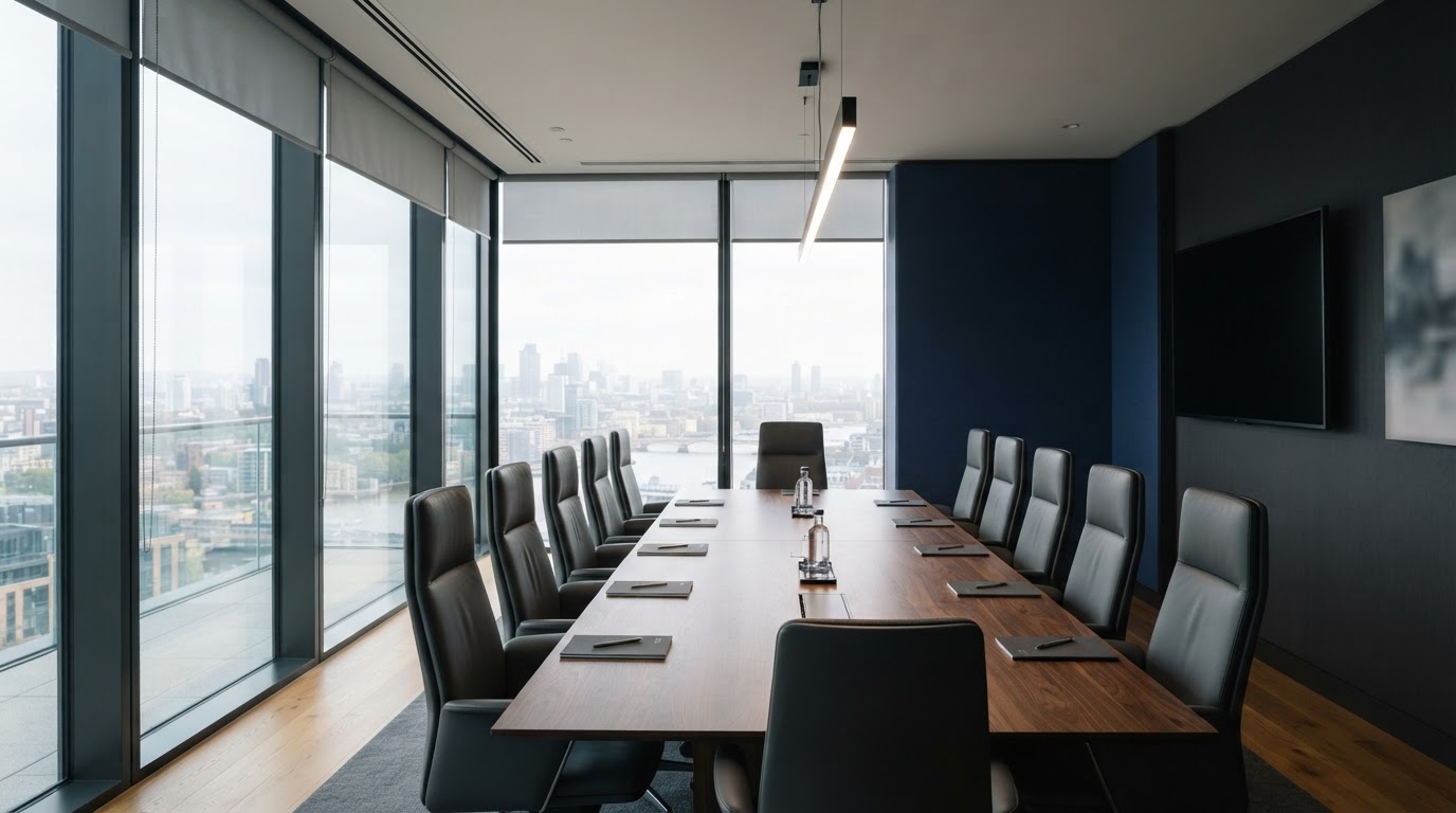 Modern boardroom with a long table, leather chairs, and large windows with soft natural light