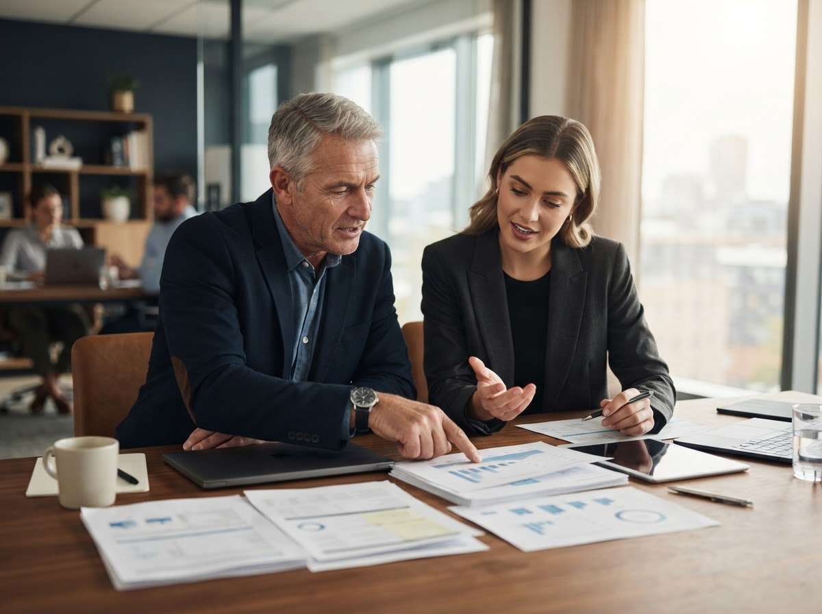 Two professionals reviewing documents together at a conference table