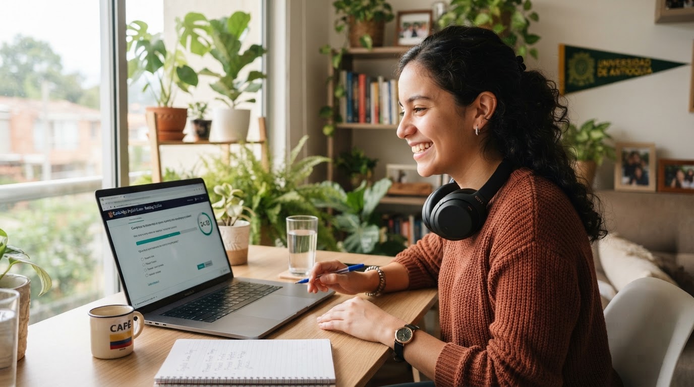 Estudiante colombiano tomando su examen de inglés en línea con TrackTest desde su laptop