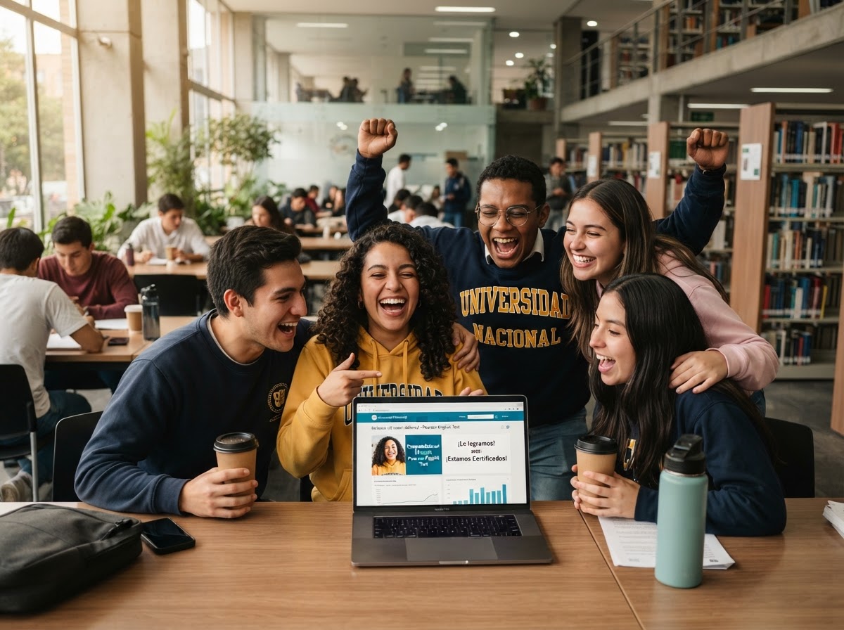 Estudiantes universitarios celebrando tras recibir su certificado de inglés TrackTest
