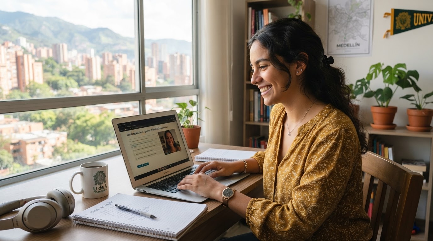 Estudiante universitaria en Medellín tomando su examen de inglés en línea TrackTest