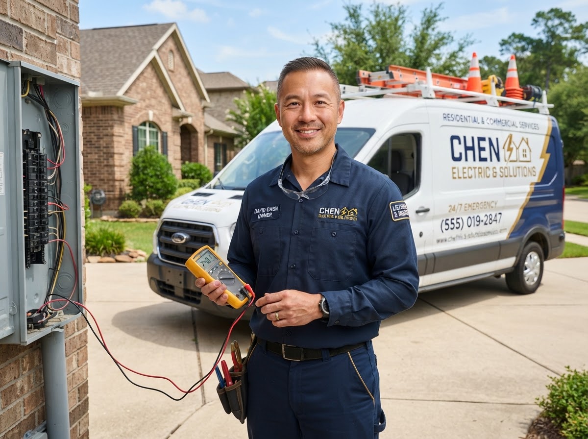 Mateo, owner of Royalty Electric INC, standing in front of the service van