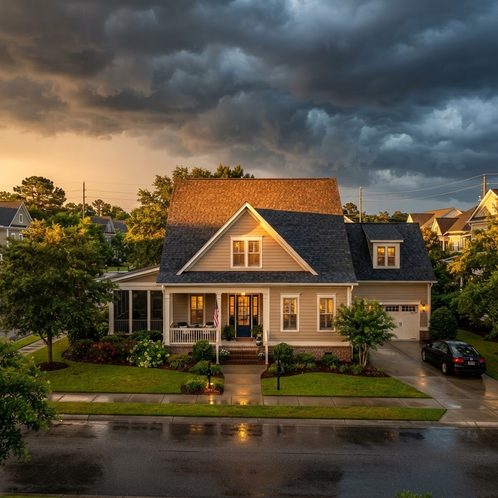 A well-kept family home in Marion, AR with a sturdy pitched roof under a stormy sky