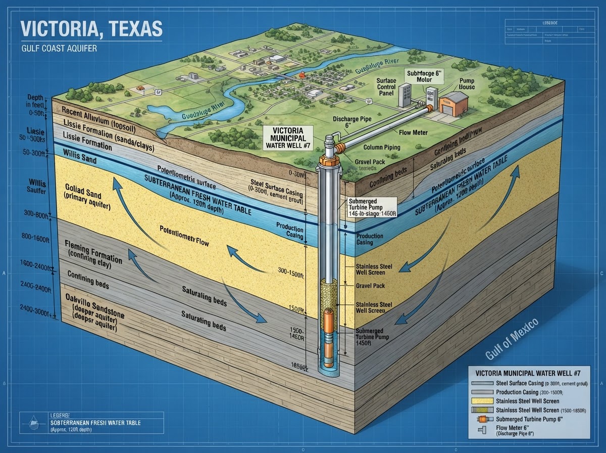 Gulf Coast Aquifer strata blueprint and precision water well casing in Victoria TX