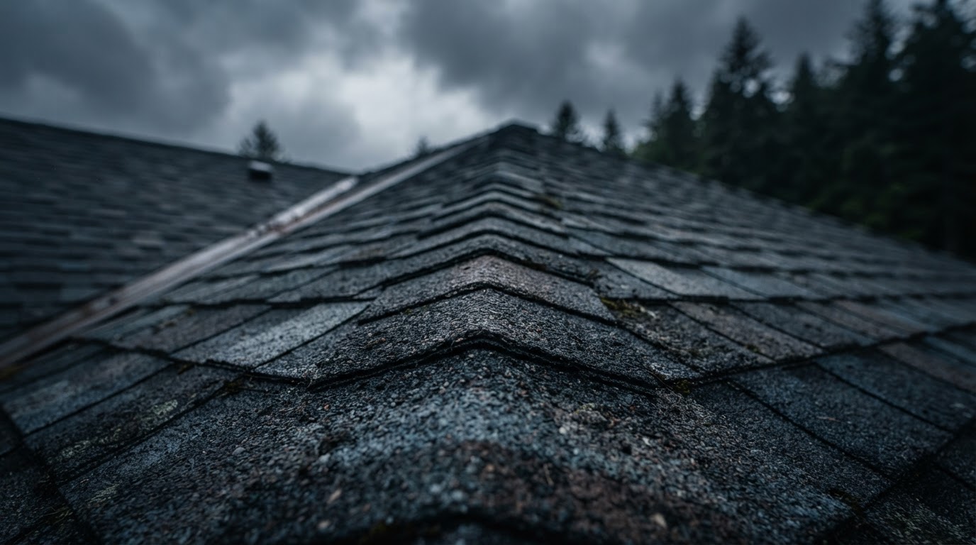Architectural roofing shingles under a Pacific Northwest sky