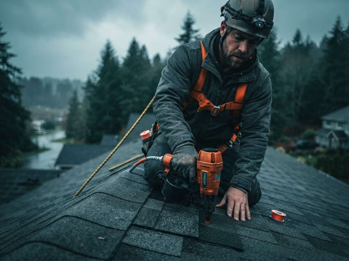 Professional roofer installing architectural shingles on a Pacific Northwest home