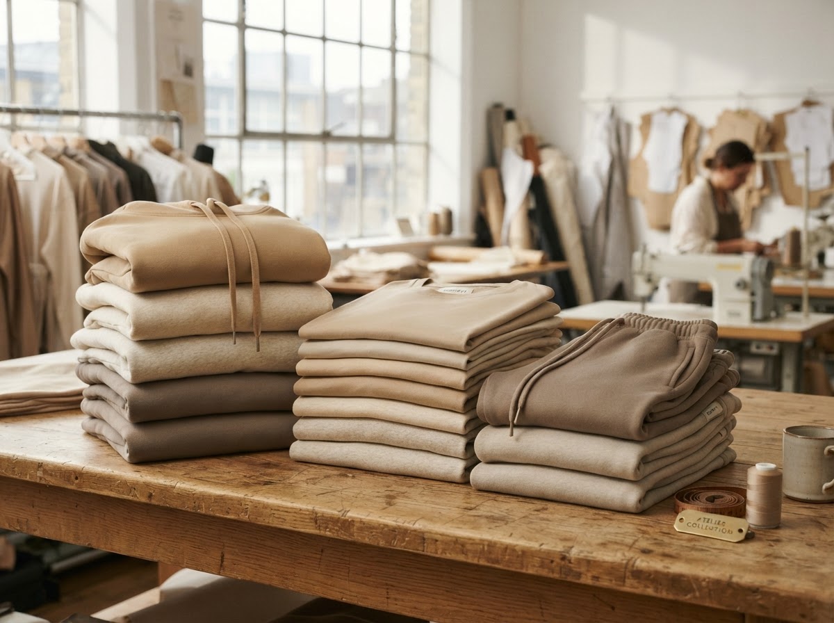 Neatly folded premium garments in warm beige and sand tones
