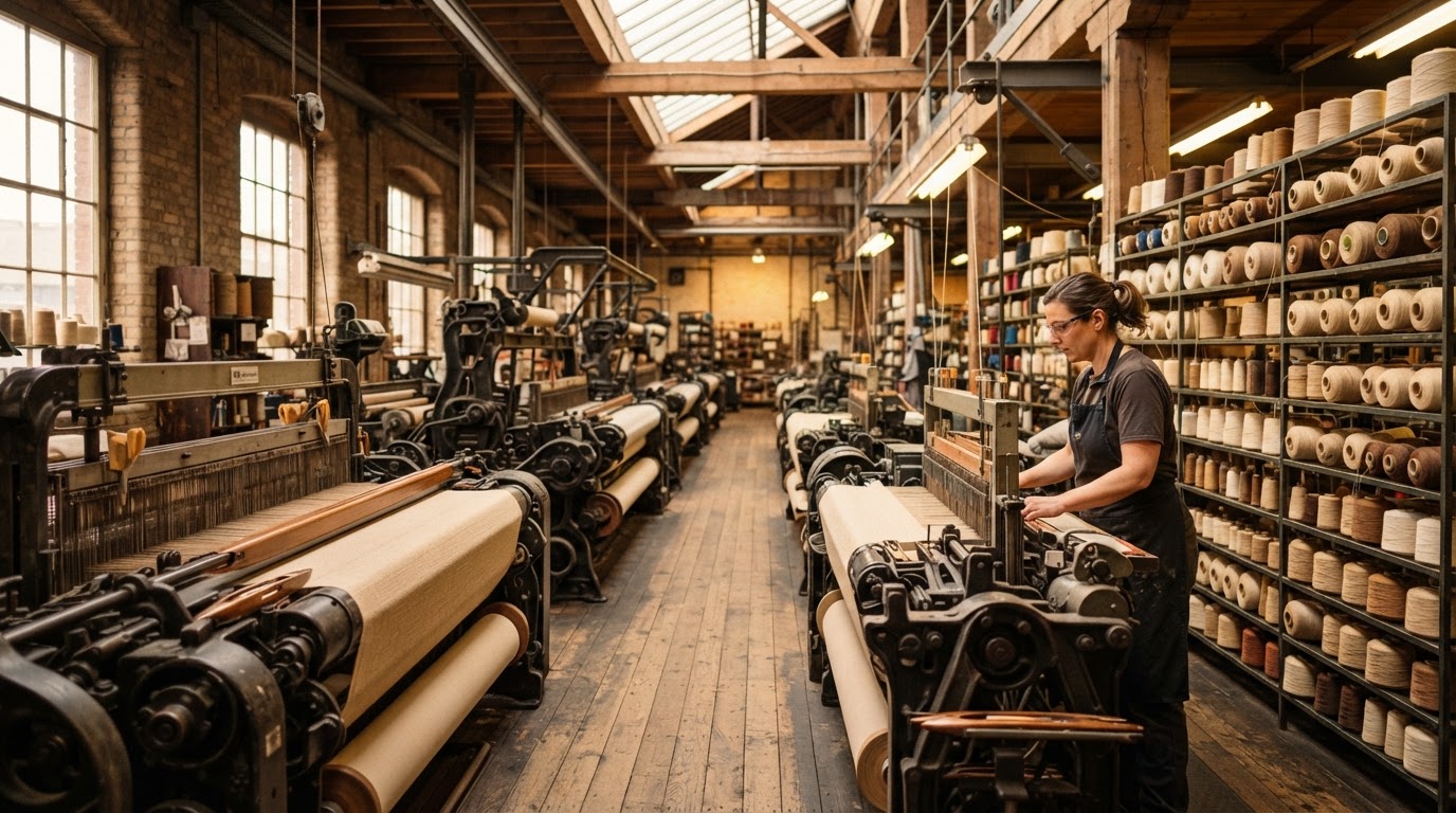 Industrial textile weaving looms and yarn spools