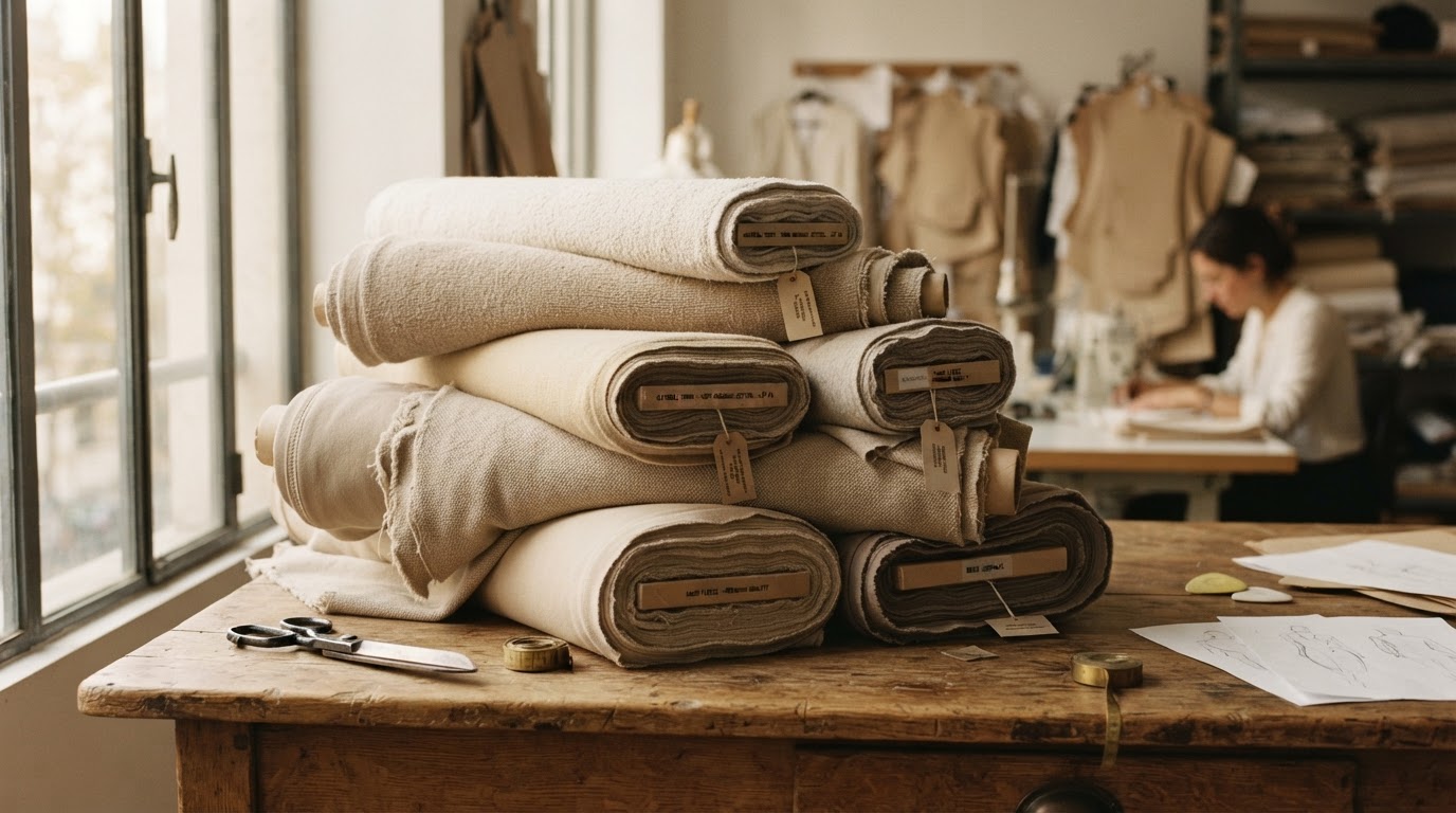 Rolls of premium beige cotton, fleece and terry fabric in the Stitch Studio atelier