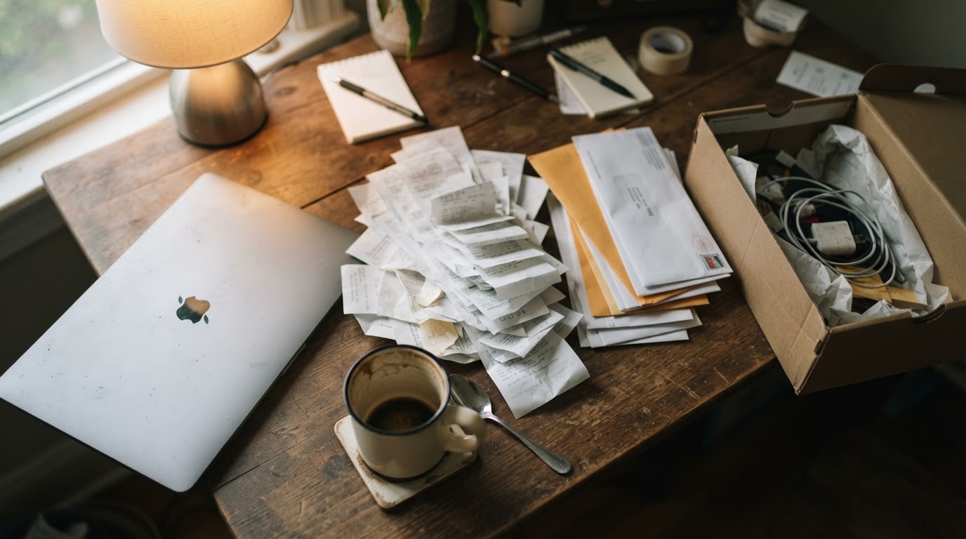 A backlog of receipts and unopened mail beside a closed laptop