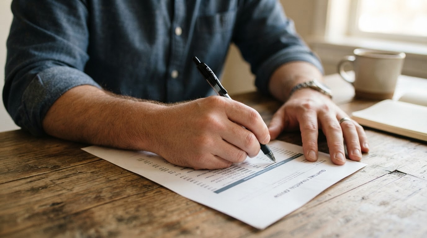 Hands reviewing a printed financial statement with a pen