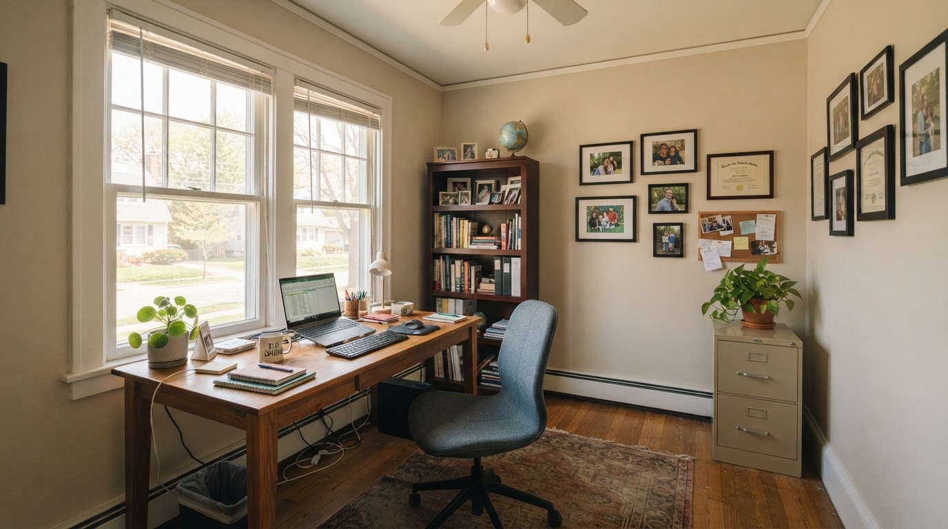A small home office workspace in natural daylight
