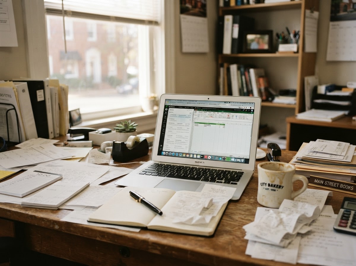 A cluttered small-business workspace with scattered papers, receipts, and an open laptop under warm natural light.