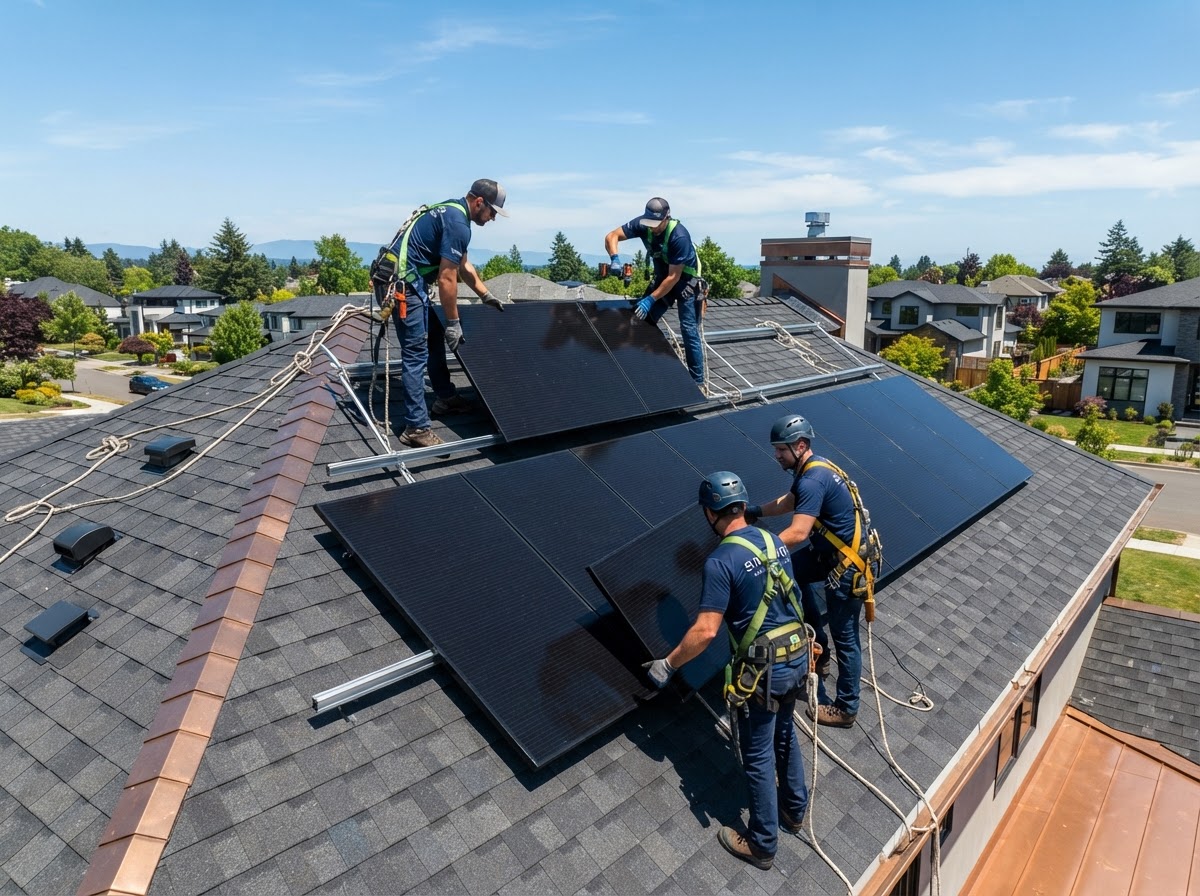 Solar installation crew installing all-black solar panels on a residential roof