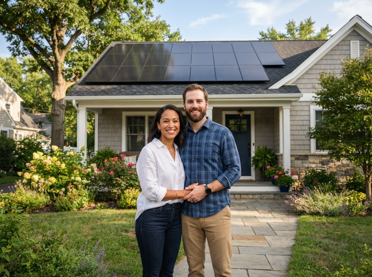 Happy homeowners in front of their house with sleek black solar panels