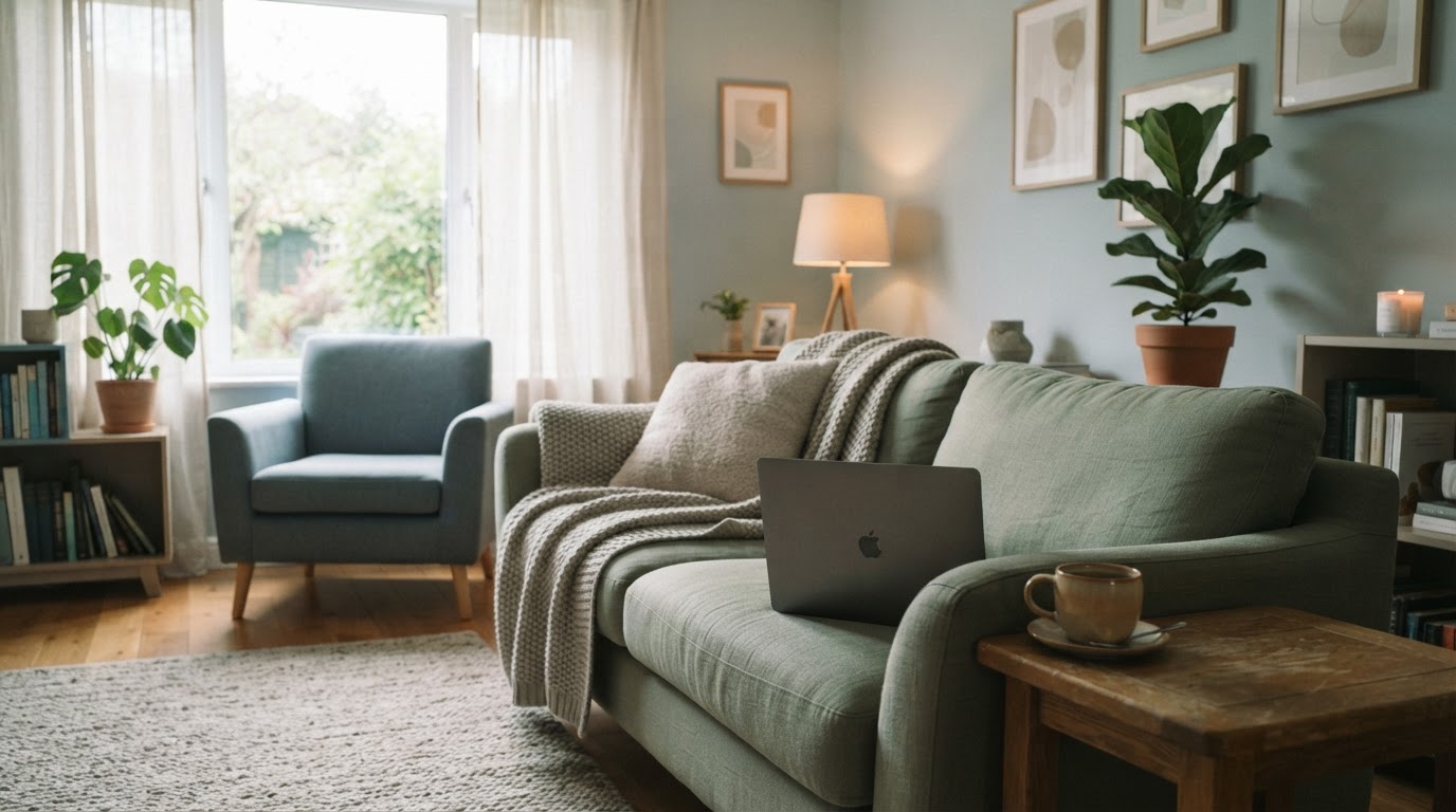 Comfortable home setting for online telehealth therapy sessions