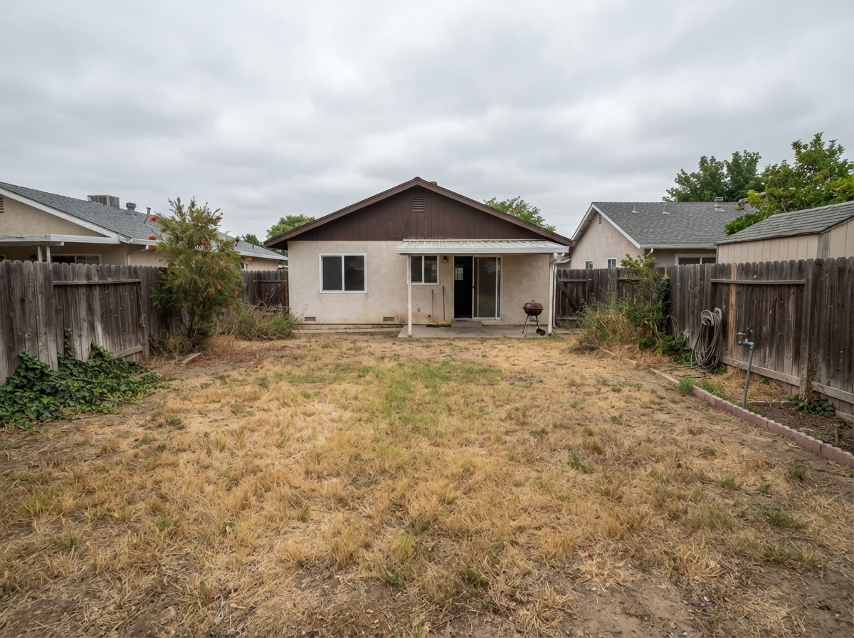 A Bay Area backyard before ADU construction, showing available space and existing landscaping