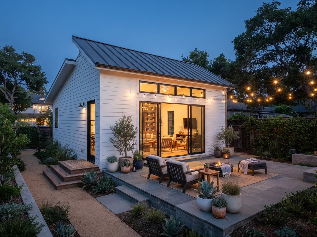 CityPaks ADU at dusk with warm interior lights glowing