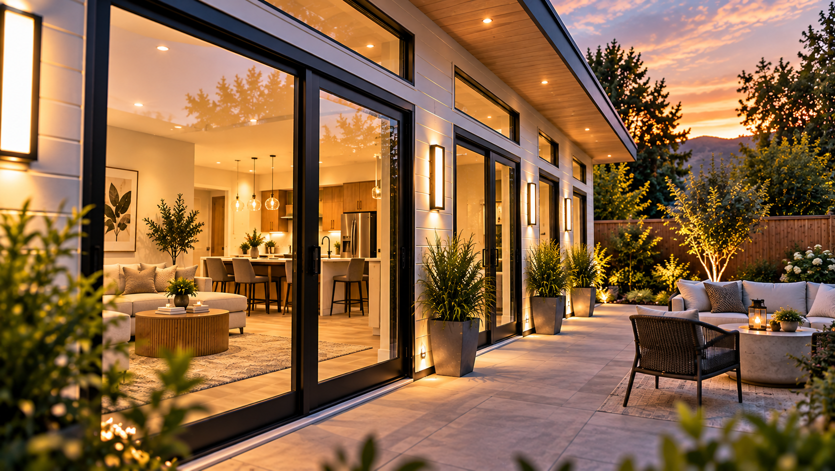 View through large glazed doors into a fully furnished warm modern kitchen and living space