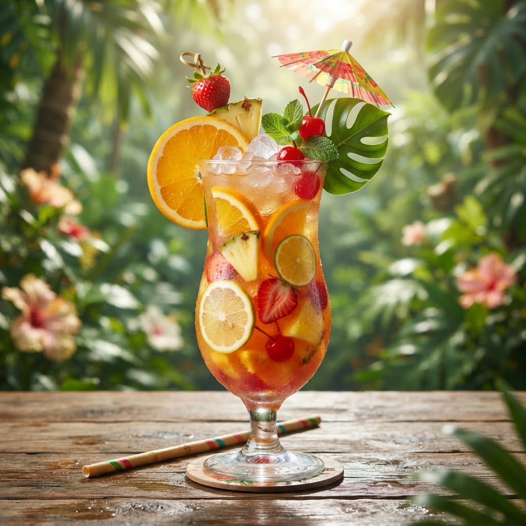 Jungle Juice fruity cocktail with oranges, pineapple, lime and strawberries