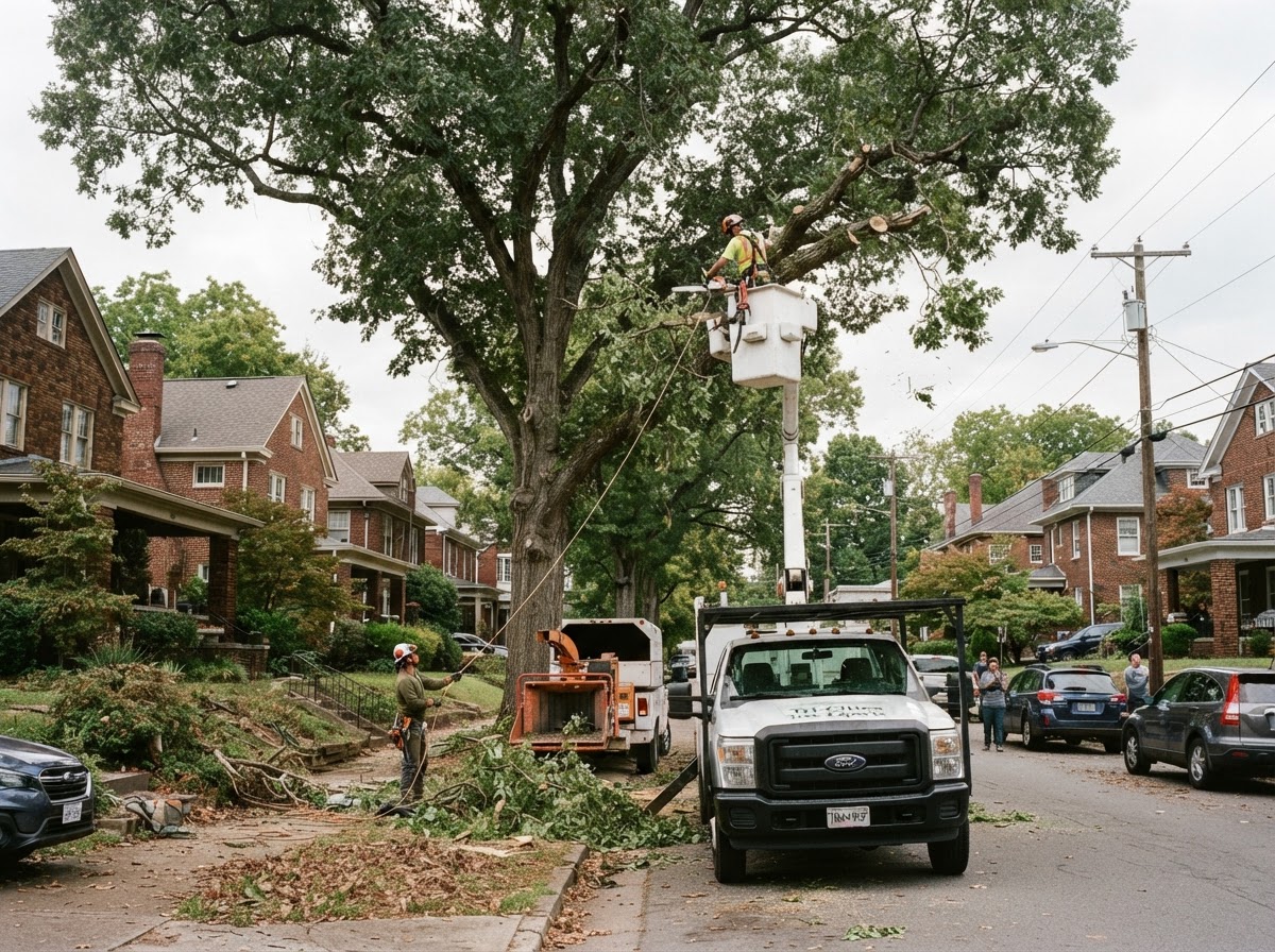 Don's Tree Service crew trimming a large mature oak with a bucket truck in an established Johnson City neighborhood