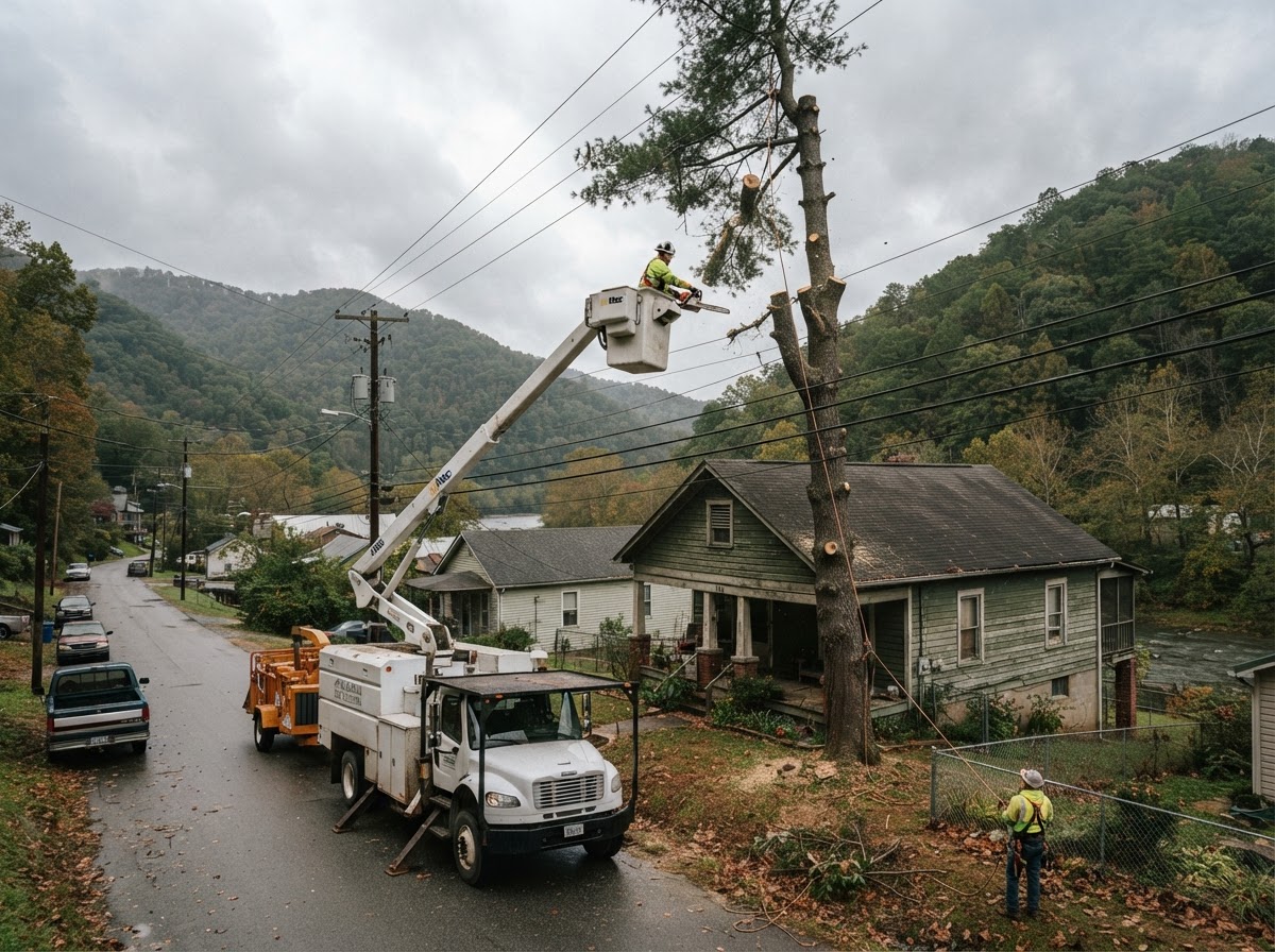 Don's Tree Service bucket truck removing a tall tree beside a house in Erwin, TN