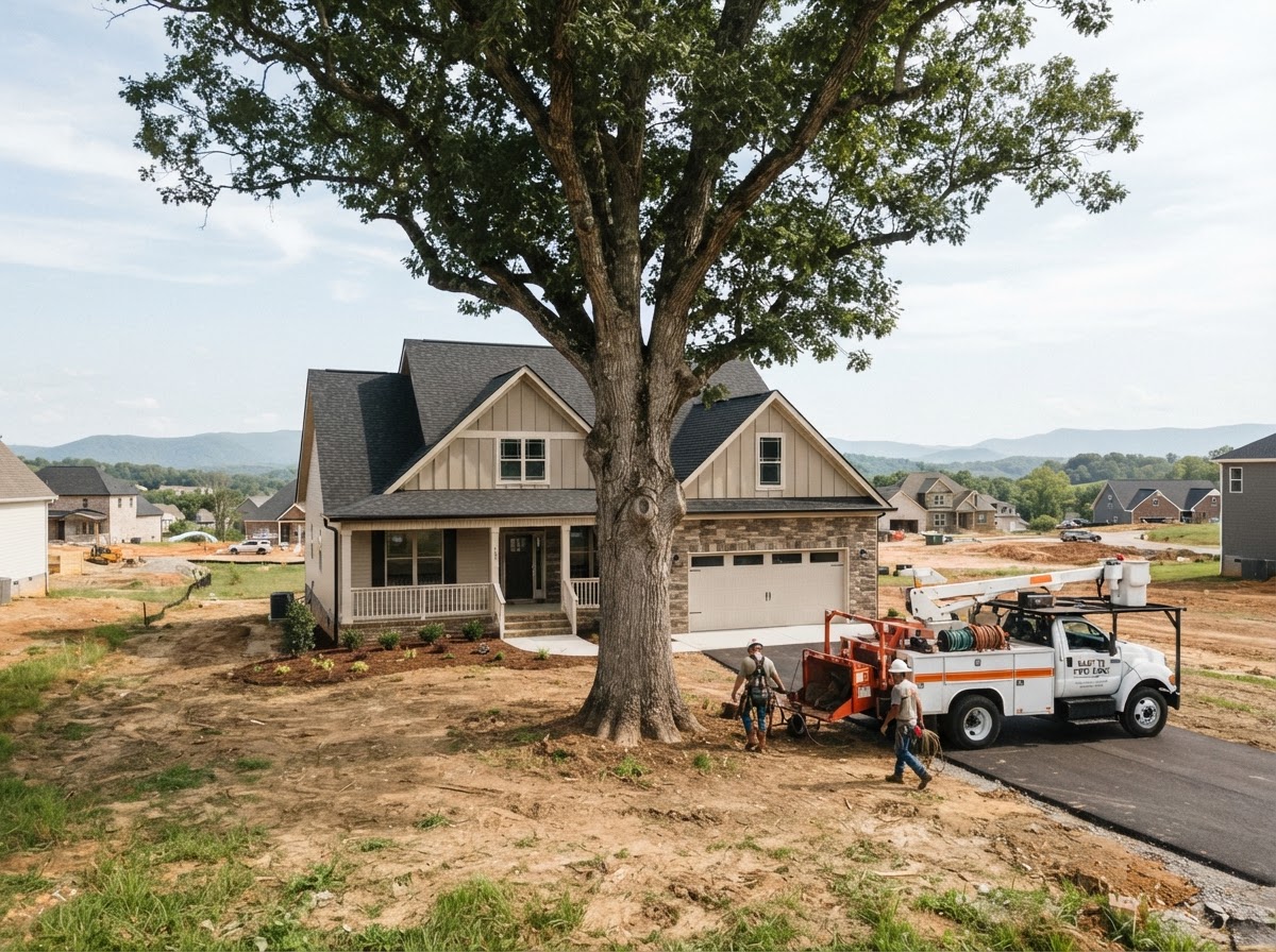 Large mature shade tree standing in the yard of a newly built home in Gray, TN