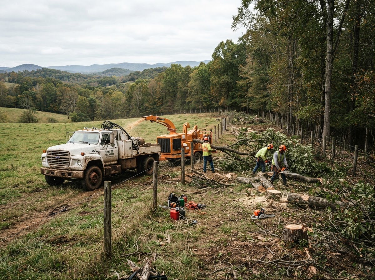 Crew clearing trees along a fence row on a rural acreage property in the Tri-Cities