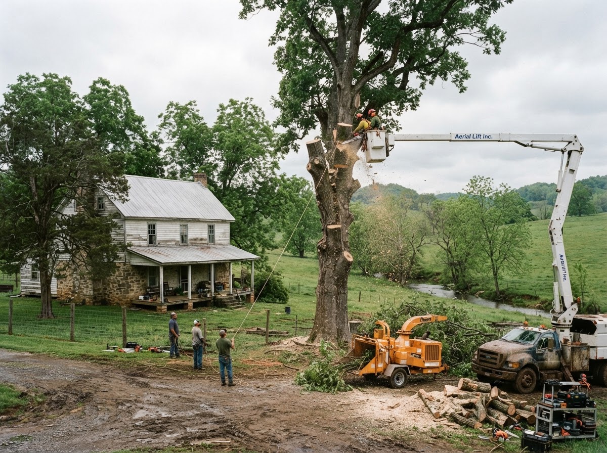Don's Tree Service crew removing a large old hardwood near a farmhouse in Boones Creek, TN