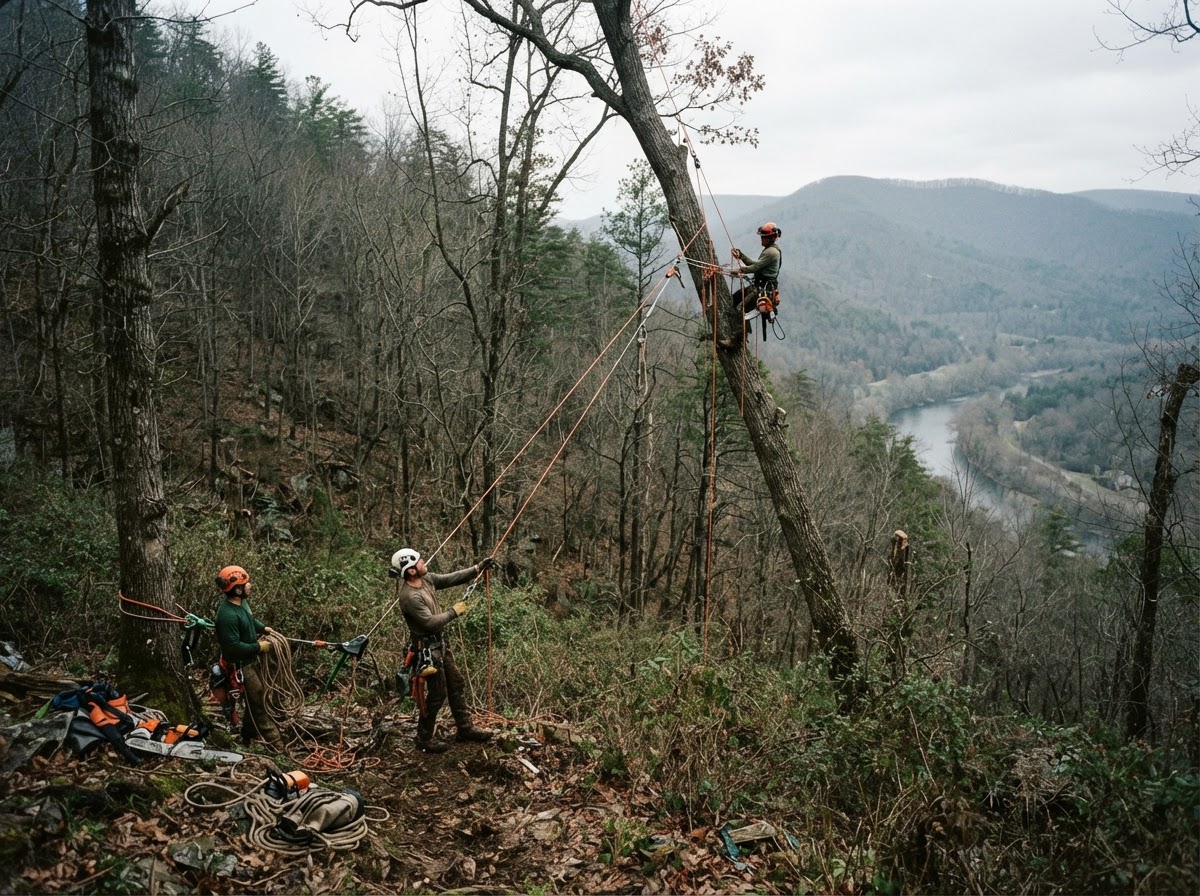 Tree removal rigging on a wooded hillside lot in the Elizabethton river valley