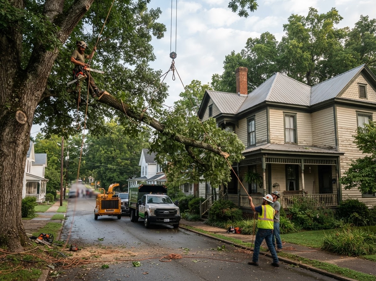 Tree crew carefully lowering a large limb with ropes beside a historic home in Jonesborough