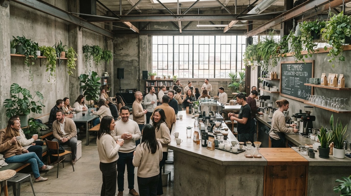 Industrial community gathering space with sage plants and a coffee and tea tasting counter