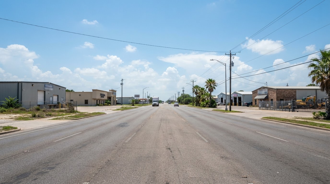 Wide arterial road lined with low-rise commercial and industrial buildings, representative of the four Texas counties Linda Venzor serves