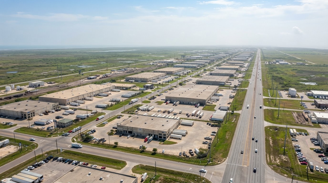 Wide view across a Houston-area industrial corridor of low-rise tilt-wall buildings and truck courts, the market Linda Venzor works in Harris and Fort Bend County