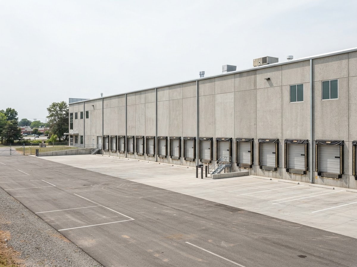 Tilt-wall warehouse elevation with a row of dock-high doors and a truck court, the industrial product Linda Venzor leases in Harris and Fort Bend County