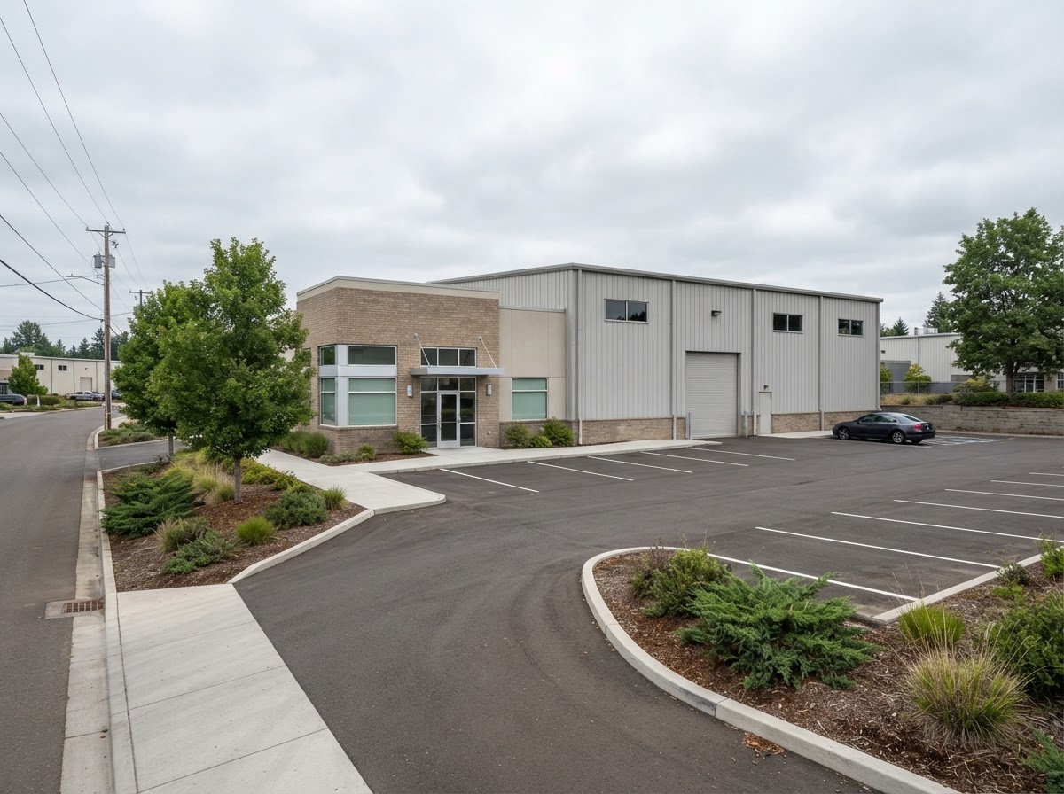 Single-tenant industrial building with a small office front and its own parking, the kind of property Houston owner-users buy to occupy