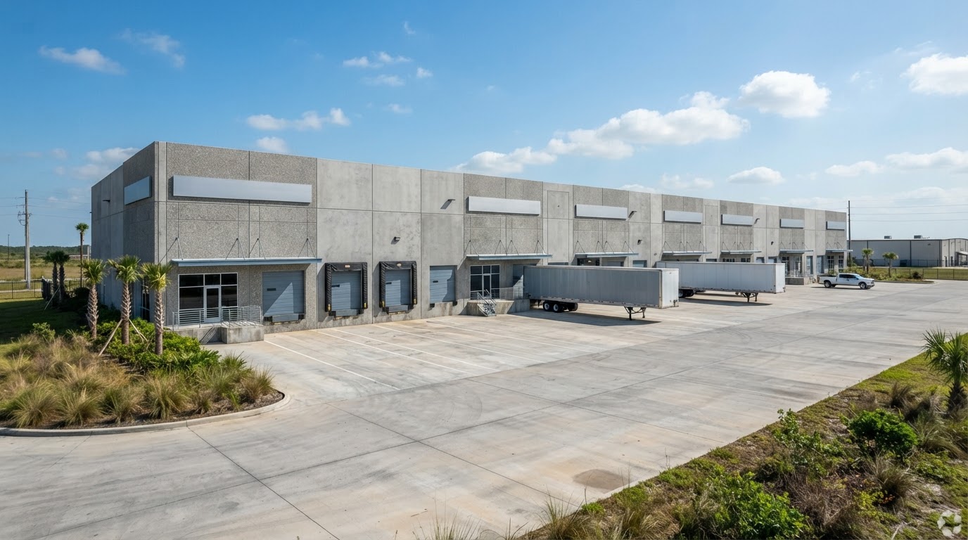 Multi-tenant concrete tilt-wall industrial park with truck court and dock-high loading, the building type Linda Venzor leases across Harris and Fort Bend County