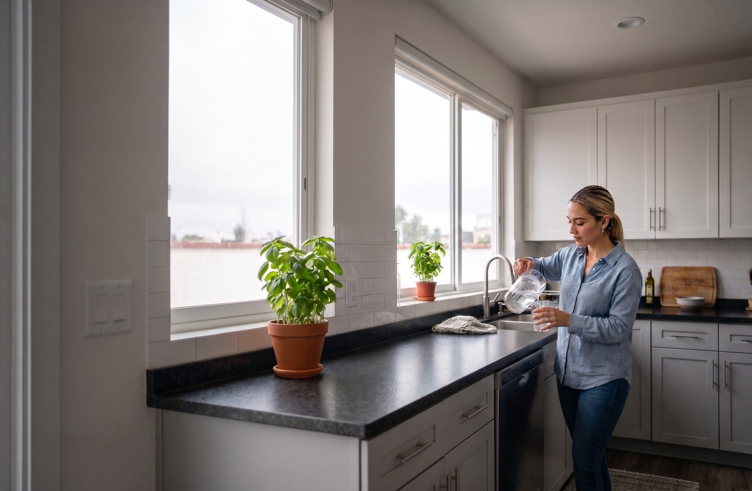 Mujer sirviendo agua purificada fresca en su cocina luminosa