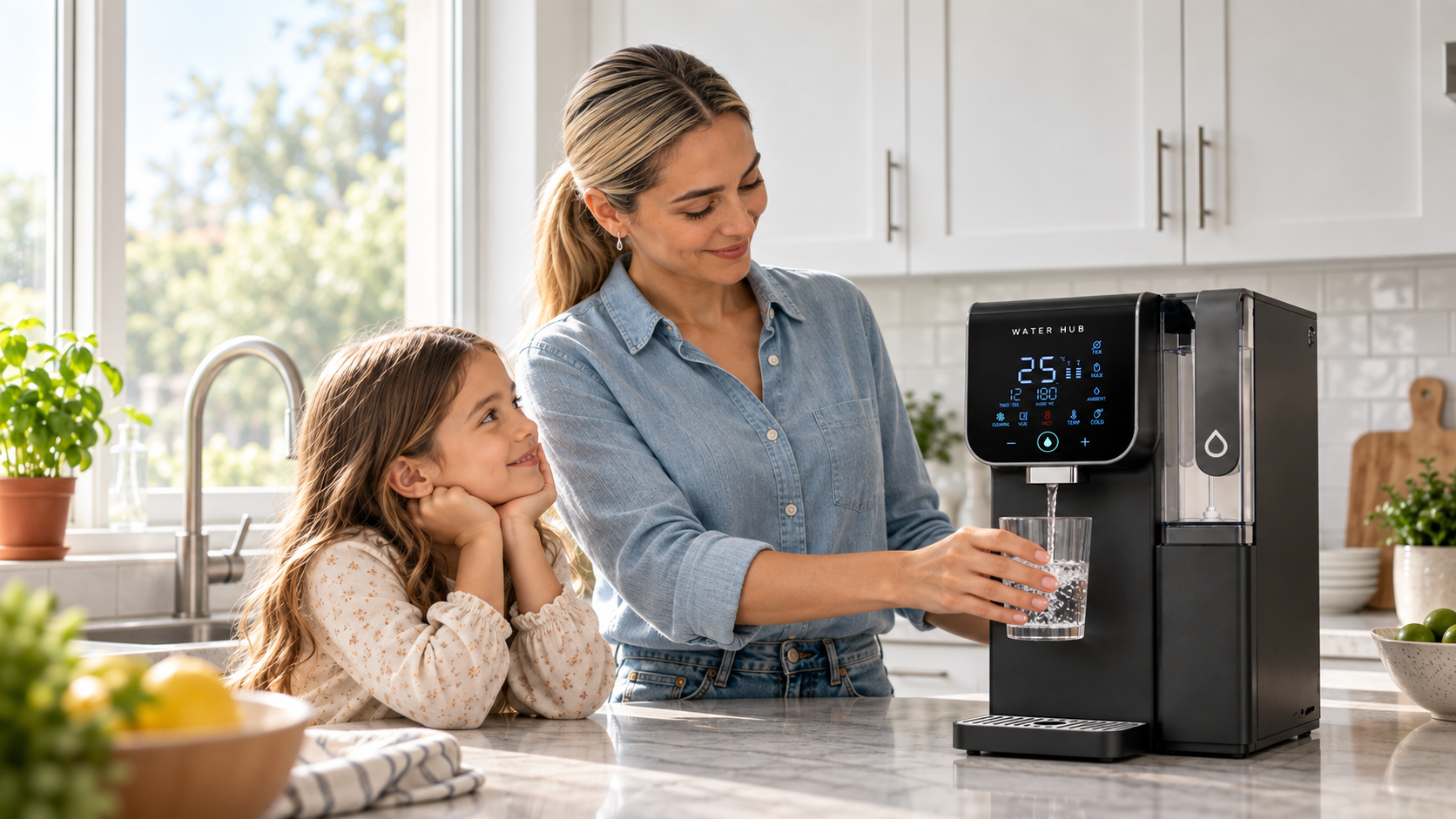 Madre e hija sirviendo agua purificada en un vaso desde su purificador Water Hub en la cocina