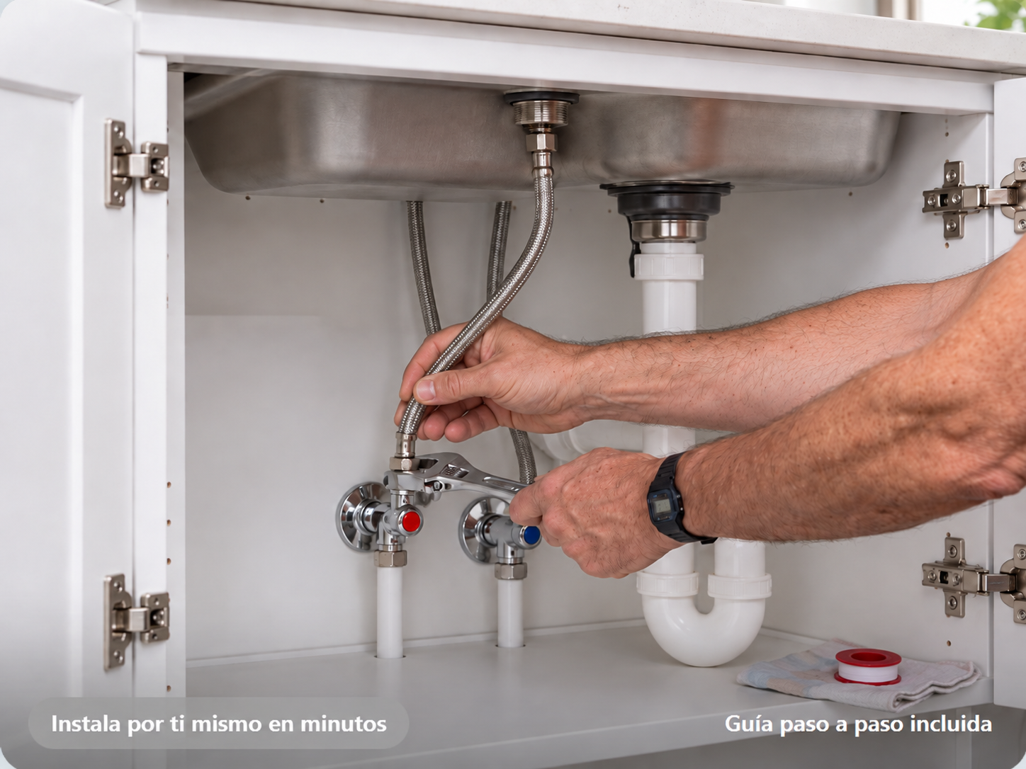 Manos instalando y conectando las mangueras bajo la tarja de cocina
