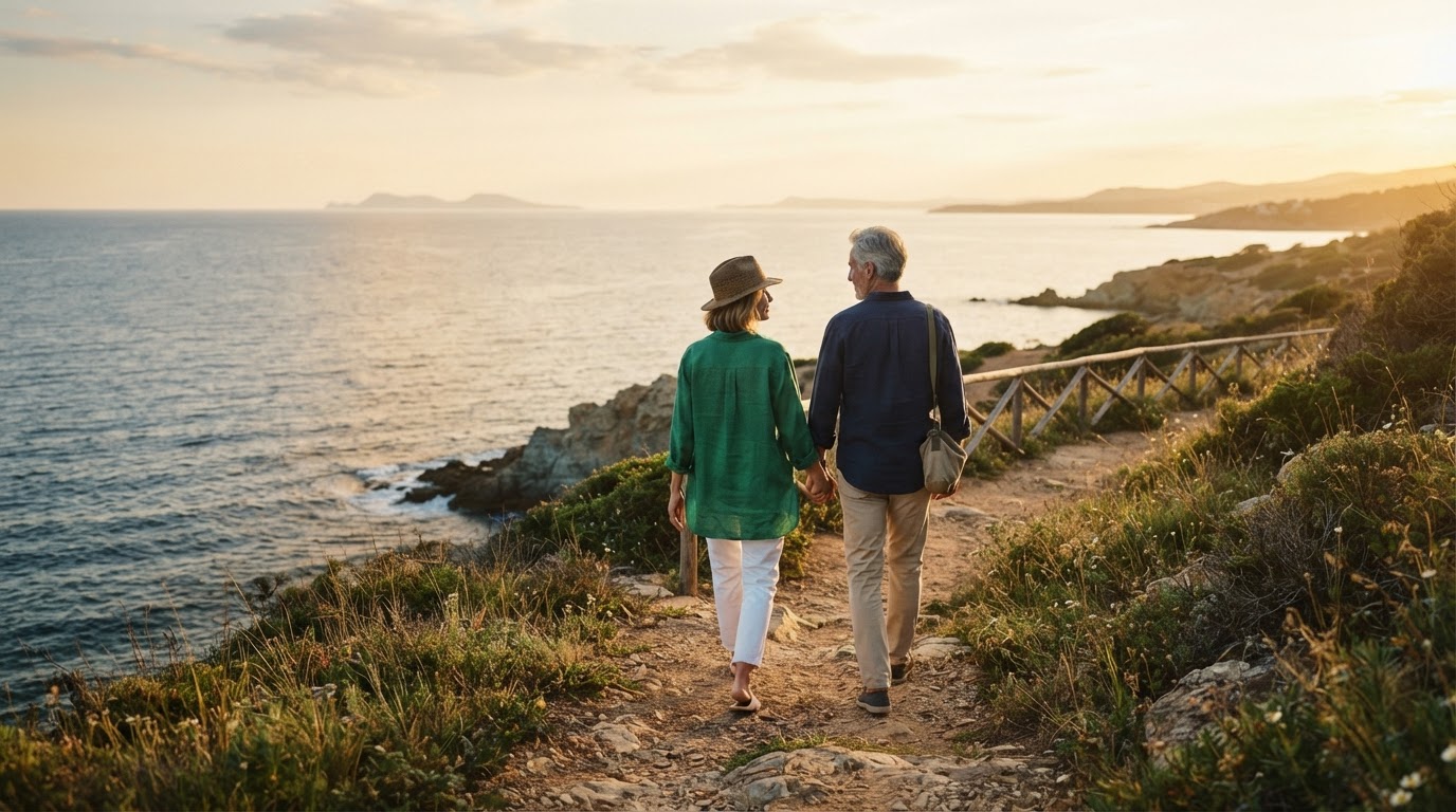 Couple walking toward a sunlit horizon at golden hour